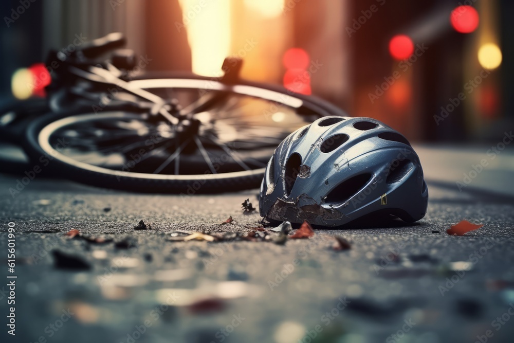 Urban scene with a bike crash road accident lying on the ground, with broken bike and helmet in the middle of the city. Bike crash road accident . Generative AI - obrazy, fototapety, plakaty 