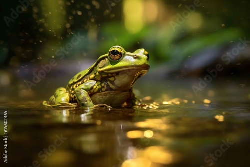 A close-up view of a green frog floating in a rainforest. Created with Generative Ai technology. © Viktor