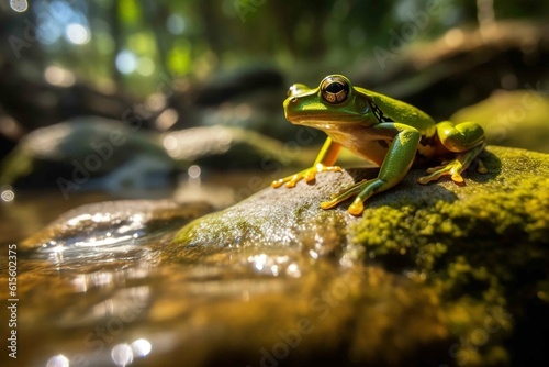 A close-up view of a green frog floating in a rainforest. Created with Generative Ai technology.