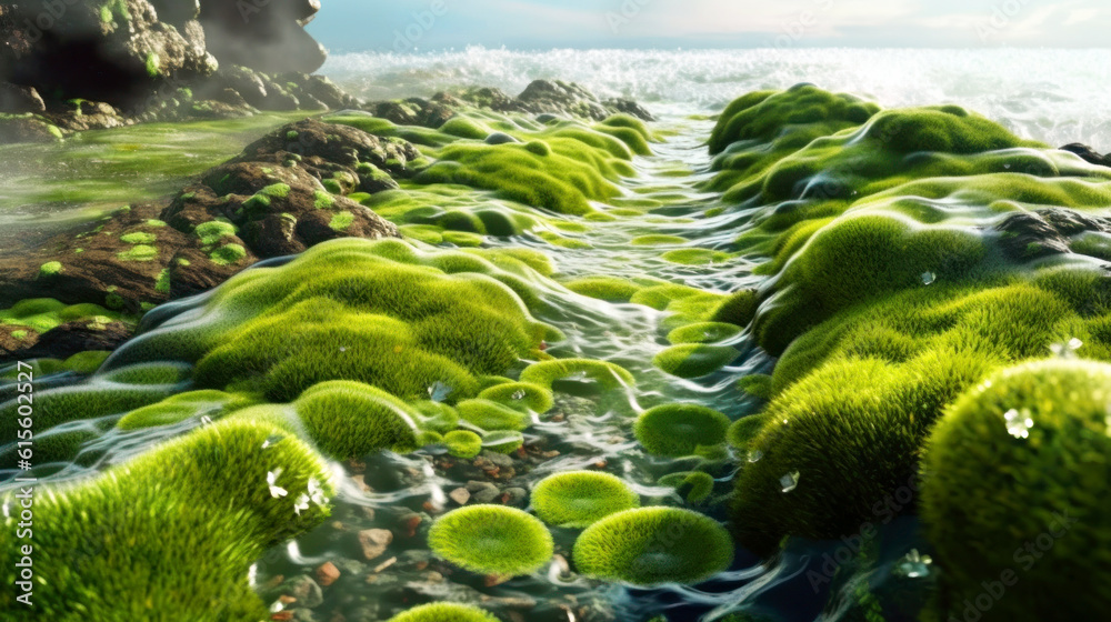Fototapeta premium Algae that dominates the ocean due to pH changes and imbalance in the aquatic ecosystem. The role of algae in the ocean ecosystem. The concept of environmental damage and climate change