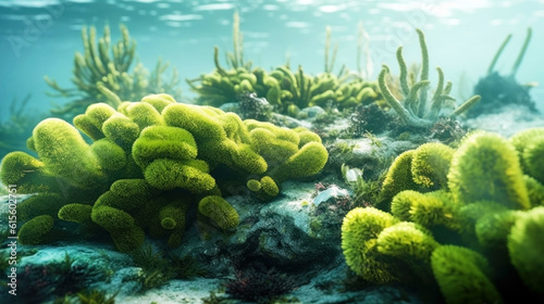 Algae that dominates the ocean due to pH changes and imbalance in the aquatic ecosystem. The role of algae in the ocean ecosystem. The concept of environmental damage and climate change