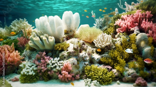 Coral reef showing clear signs of bleaching. The negative impact of changing the pH of ocean water on its health and color. The concept of environmental damage and climate change