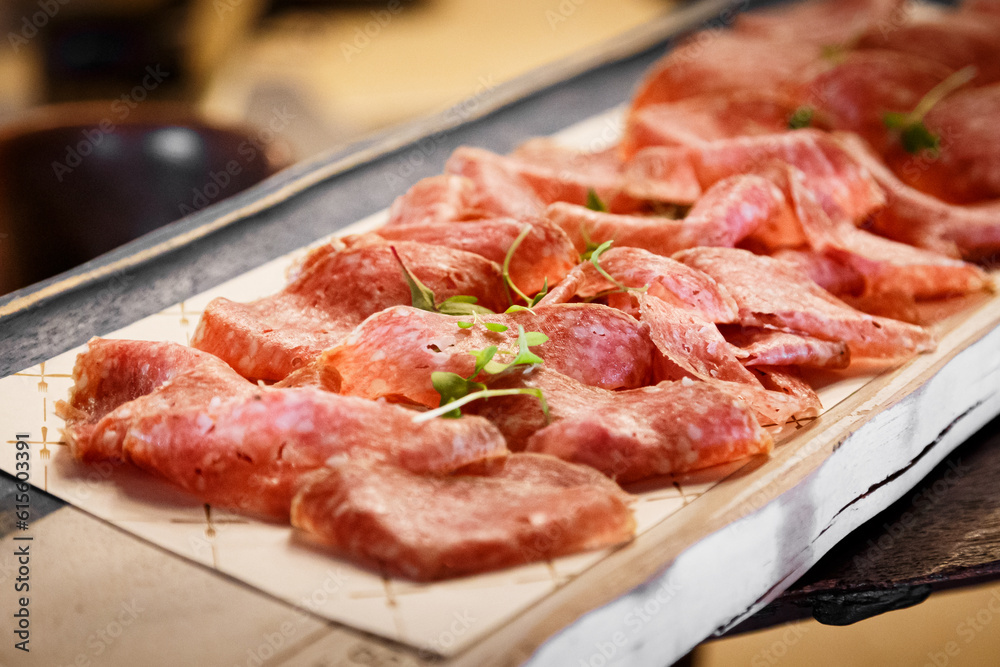 Delicious salami ham on dinner plate Delicious salami ham on dinner plate