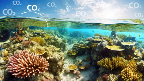 Carbon dioxide emissions and Ocean acidification concept. Environmental change  water acidification  ocean plastic pollution  carbon dioxide absorption  seawater contamination