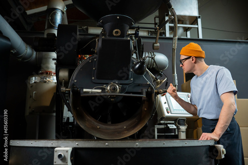 Modern coffee roasting factory, process of creating coffee.