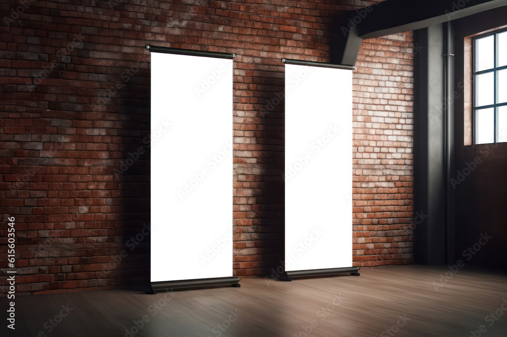 roll up mockup poster stand in against classic brick wall environment as wide banner design with blank empty copy space area - Generative AI roll up mockup poster stand in against classic brick wall environment as wide banner design with blank empty copy space area - Generative AI