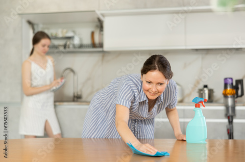 Delighted mother purifying table surface, young daughter wiping dishes in the kitchen with white interior