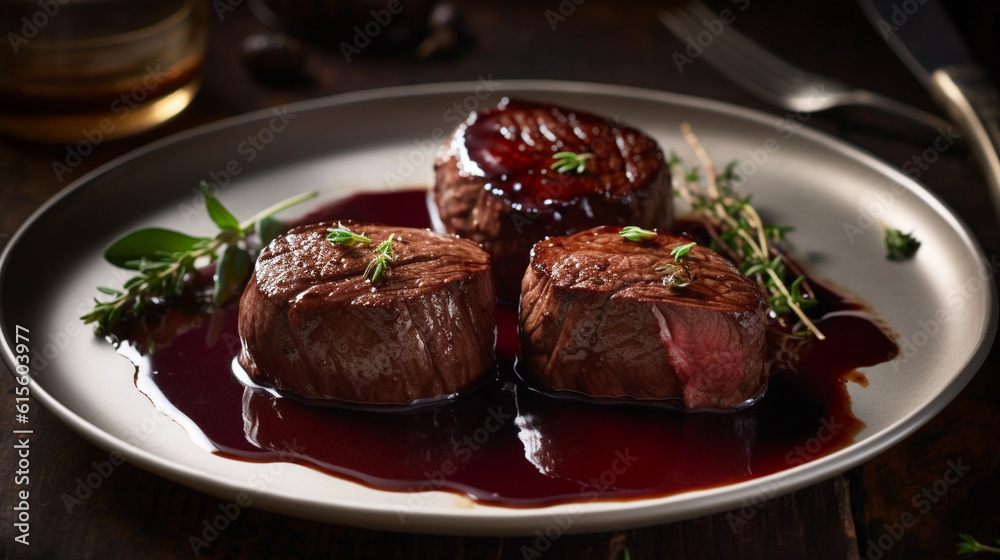 A plate of tender beef fillet medallions, perfectly cooked and drizzled with a rich red wine sauce