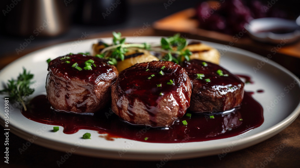A plate of tender beef fillet medallions, perfectly cooked and drizzled with a rich red wine sauce A plate of tender beef fillet medallions, perfectly cooked and drizzled with a rich red wine sauce