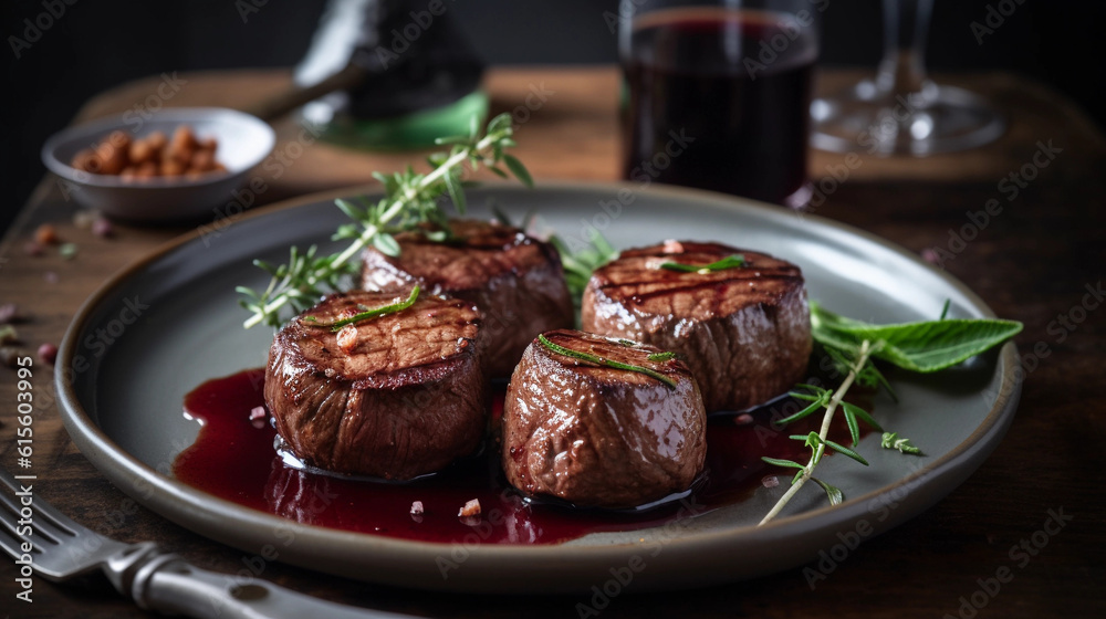 A plate of tender beef fillet medallions, perfectly cooked and drizzled with a rich red wine sauce A plate of tender beef fillet medallions, perfectly cooked and drizzled with a rich red wine sauce