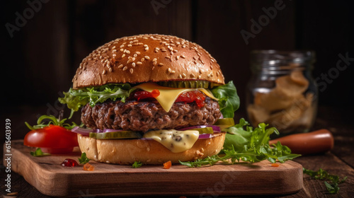 A juicy burger with a flavorful veggie patty, accompanied by melted cheese and crispy vegetables