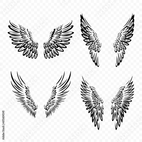 Vector Black Wing Icon Set. Vintage Angel Wings, Icons, Design Template, Clipart Collection. Cupid, Bird Wings. Vector illustration