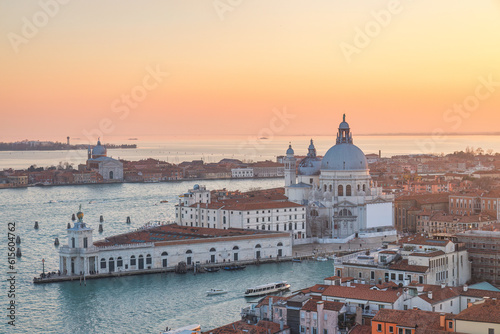 The Santa Maria della Salute basilica in Venice, view from the St. Mark's Campanile tower at sunset, Italy, Europe. © Viliam