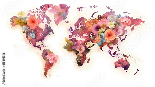 World map in colorful flowers. Generative ai
