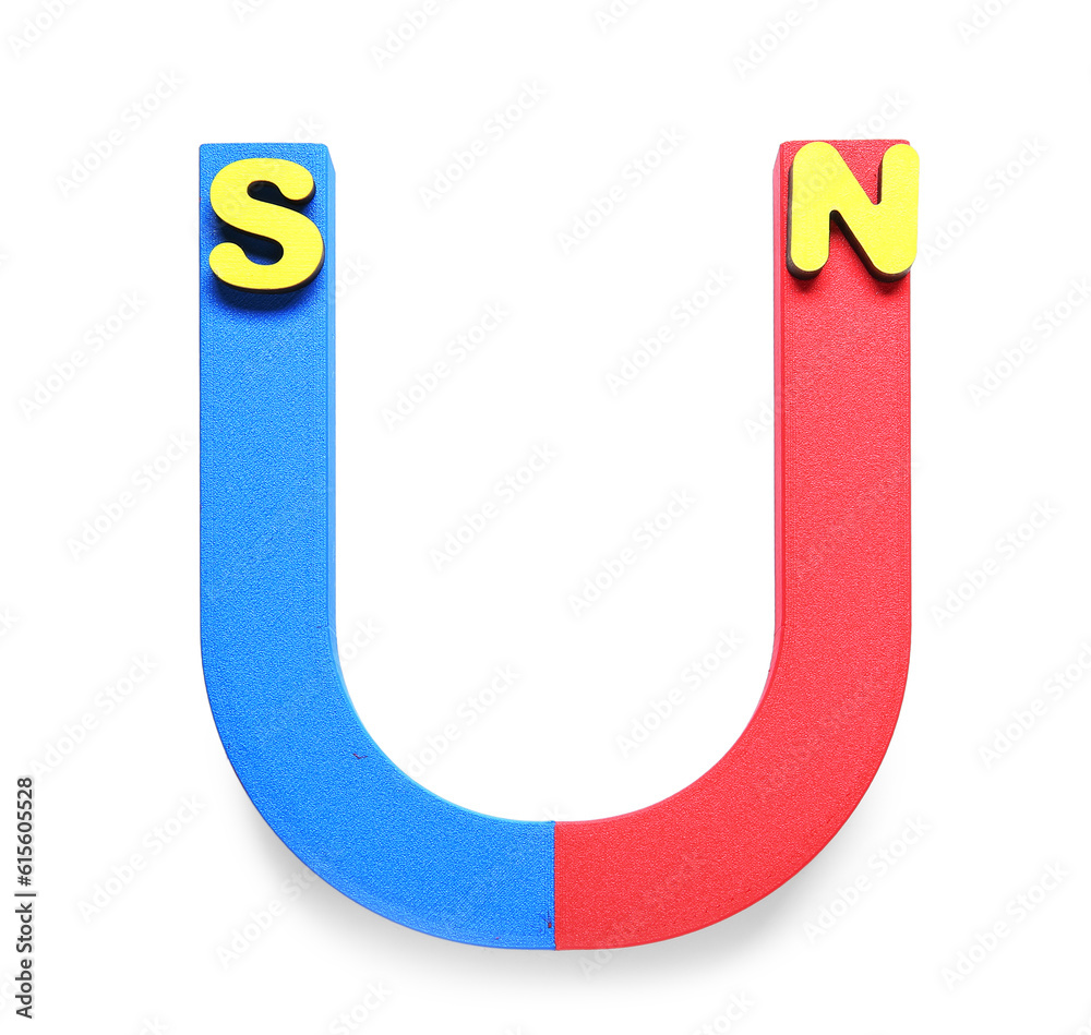 Horseshoe shaped magnet with North and South poles on white background Horseshoe shaped magnet with North and South poles on white background