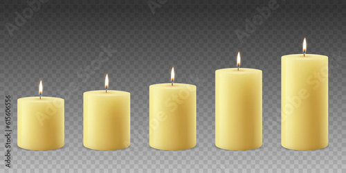 Vector 3d Realistic Yellow, Orange Paraffin Wax Burning Party, Spa Candle Set with Flame of a Candle, Isolated. Different Size Collection. Design Template, Front View