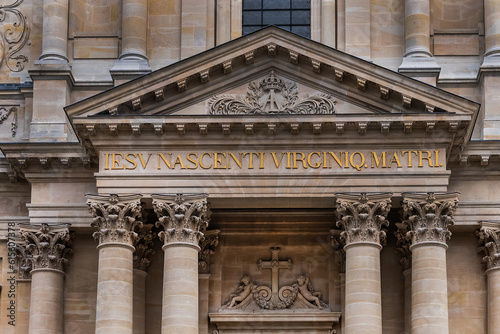 Architectural fragments of Paris Val-de-Grace Church at Place Alphonse Laveran. Сhurch and monastery of Val-de-Grace was built in middle of XVII th century by Queen Anne of Austria. Paris. France.