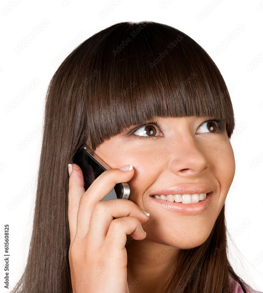 Close-up portrait of young woman with phone isolated on white background Close-up portrait of young woman with phone isolated on white background