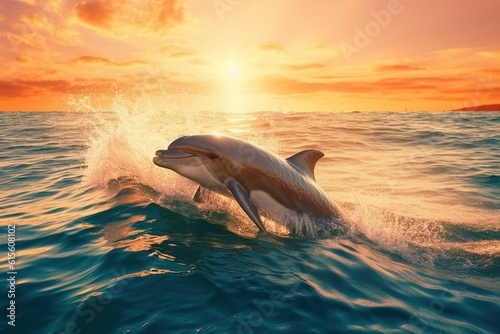 Dolphin jumps out of the wave at sea. Amazing sunset at the sea or ocean. Generative AI