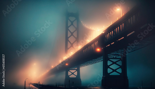 bridge in fog, illustration of a suspension bridge at night and in fog, image created with ai