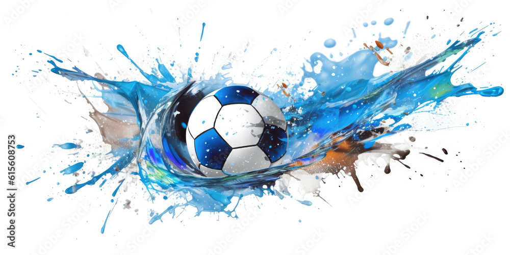 Soccer in colorful water splashes, on white background. Abstract white background with colored floating liquids and realistic soccer with colors of the uruguay flag. Generative AI