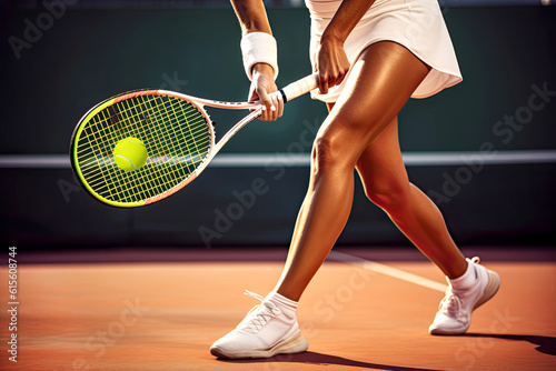 Legs of female tennis player on tennis court. She hits the ball with a racket. Youth, flexibility, power, energy and action. Generative AI © EKH-Pictures