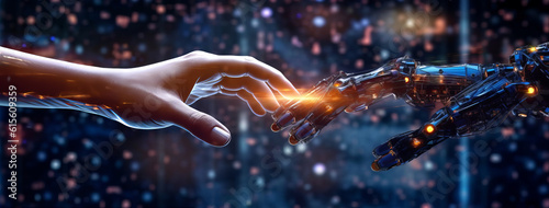 Hand of human and robot touching. Big data network connection. Artificial intelligence technology. Generative AI
