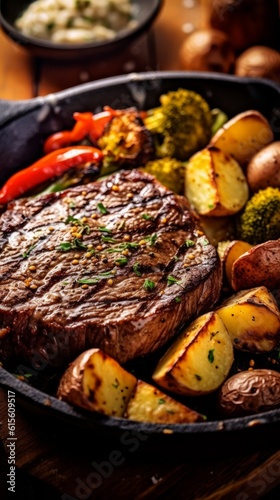 Closeup shot of a wagyu steak serverd with vegetables in a pan