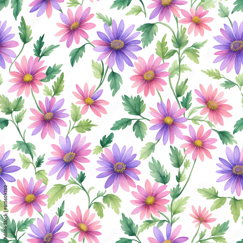 Floral seamless pattern with daisies and green leaves and herbs. Great for textile print, background, handmade card design, invitations, wallpaper, packaging, interior. Generative AI.