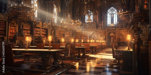 medieval library  gothic reading room interior with desks  old mysterious castle  fictional interior created with generative ai