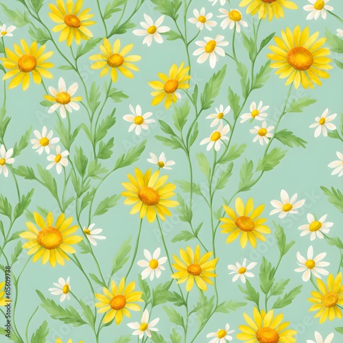 Floral seamless pattern with daisies and green leaves and herbs. Great for textile print  background  handmade card design  invitations  wallpaper  packaging  interior. Generative AI.