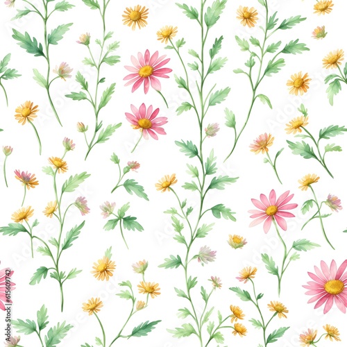 Floral seamless pattern with daisies and green leaves and herbs. Great for textile print, background, handmade card design, invitations, wallpaper, packaging, interior. Generative AI. © 360VP