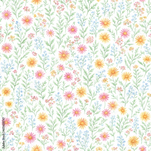 Floral seamless pattern with daisies and green leaves and herbs. Great for textile print  background  handmade card design  invitations  wallpaper  packaging  interior. Generative AI.