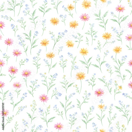 Floral seamless pattern with daisies and green leaves and herbs. Great for textile print, background, handmade card design, invitations, wallpaper, packaging, interior. Generative AI.