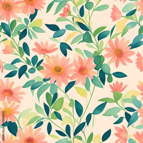 Floral seamless pattern with daisies and green leaves and herbs. Great for textile print, background, handmade card design, invitations, wallpaper, packaging, interior. Generative AI.