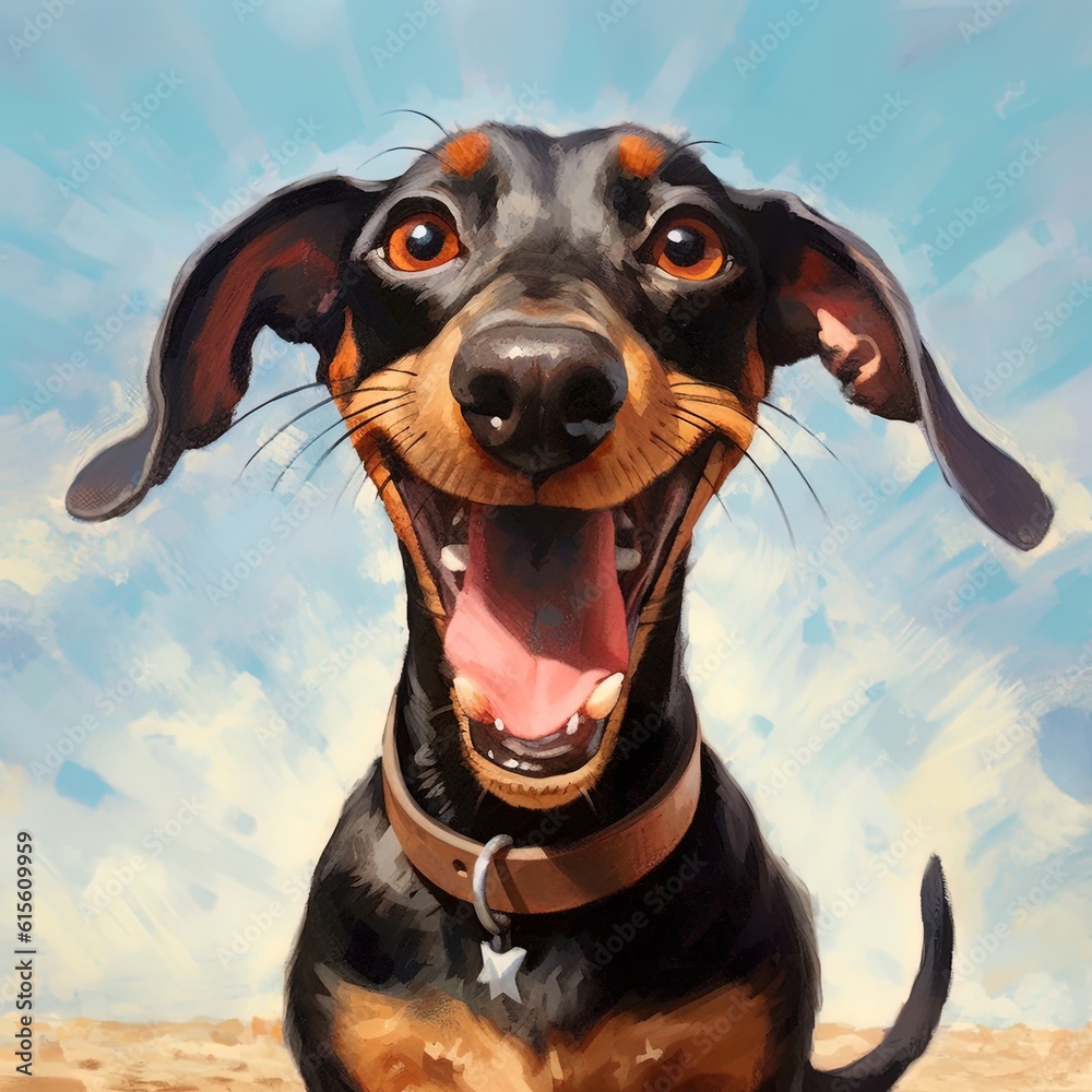 Happy smiling black dachshund in the dog's heaven. Dog is happy to see it's owner. Open mouth. Blue sky with white clouds at background. Generative AI