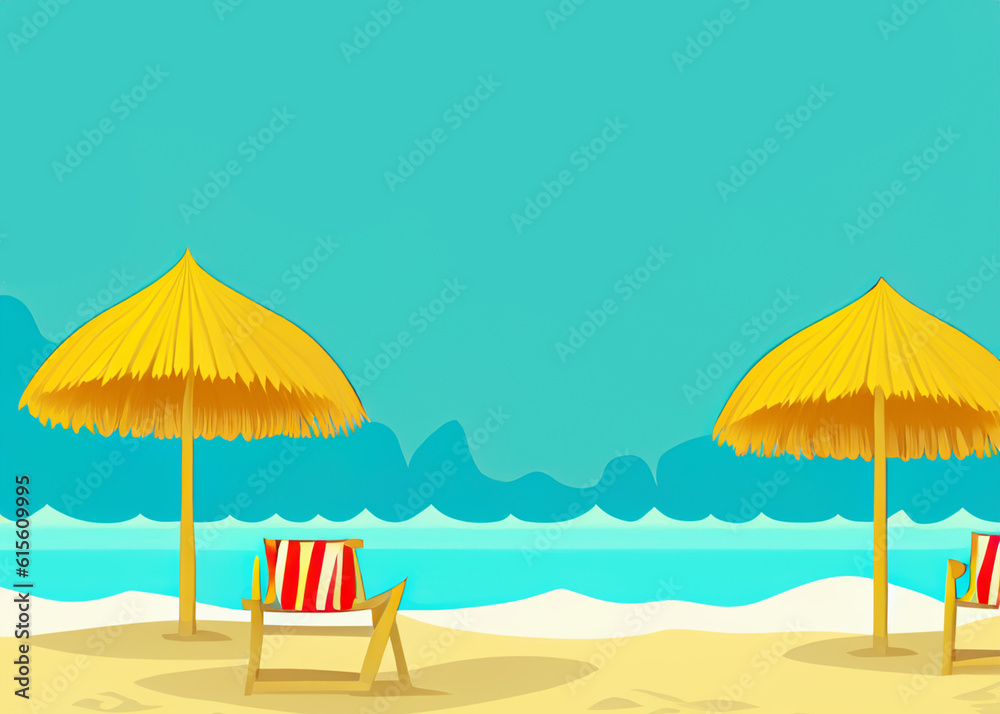 sand tropical beach, umbrella and chair, holidays in paradise, summertime vacations in cartoon style, created with generative ai technology