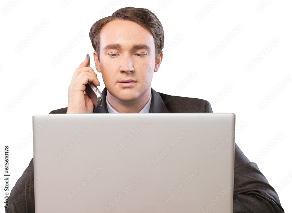 Portrait of a Businessman Working with Laptop and Talking on the Phone Portrait of a Businessman Working with Laptop and Talking on the Phone
