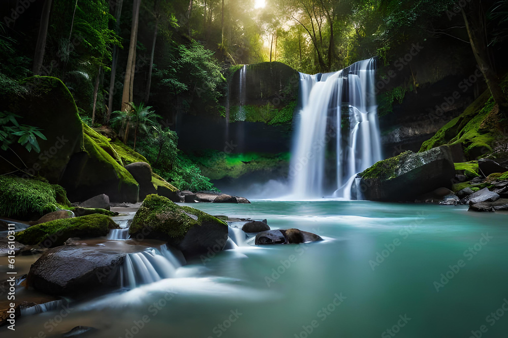 Beautiful waterfall with majestic green grass view, created with AI Beautiful waterfall with majestic green grass view, created with AI
