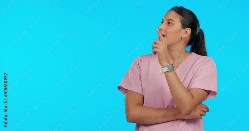 Ideas, thinking and nurse with solution, woman and career against a blue studio background. Portrait, female person and medical professional with problem solving, healthcare or decision with wellness Ideas, thinking and nurse with solution, woman and career against a blue studio background. Portrait, female person and medical professional with problem solving, healthcare or decision with wellness