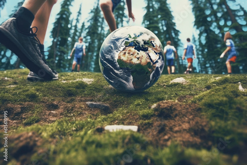 Planet Earth on the football field instead of the ball and the legs of football players close-up. The idea of a destructive attitude towards our globe and its resources