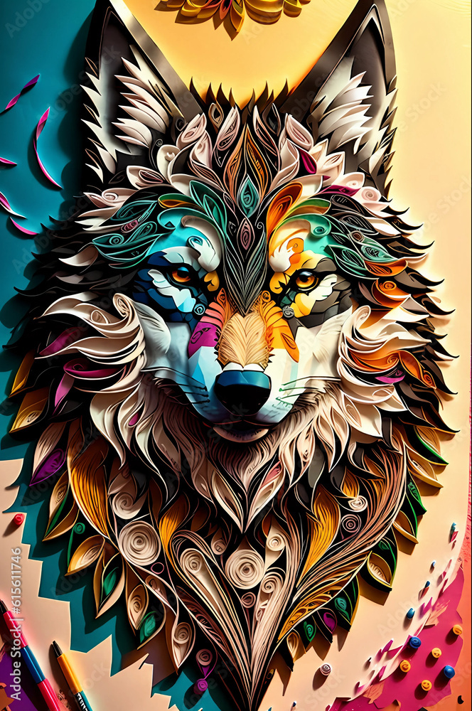 wolf,multi dimensional paper quilling, art, beautiful, colorful, masterpieces