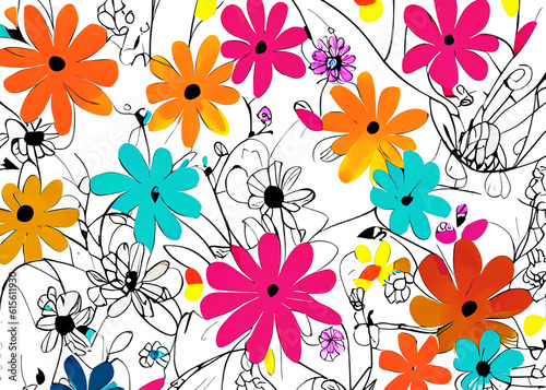 abstract floral background  cartoon style flowers pattern created with generative ai technology