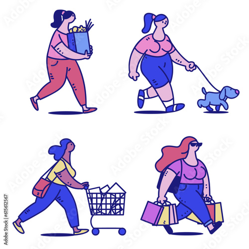 girls cartoon, shopping, walking, pet