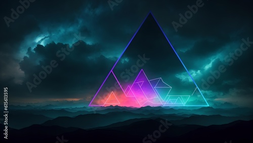 Photo of a neon triangle glowing in the night sky