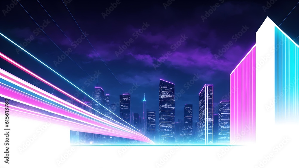 Photo of a vibrant city skyline with towering neon-lit buildings