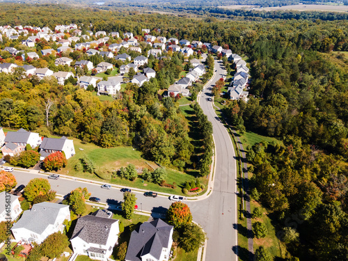 Aerial view on small town residential streets roofs the landscape of the houses in Virginia USA