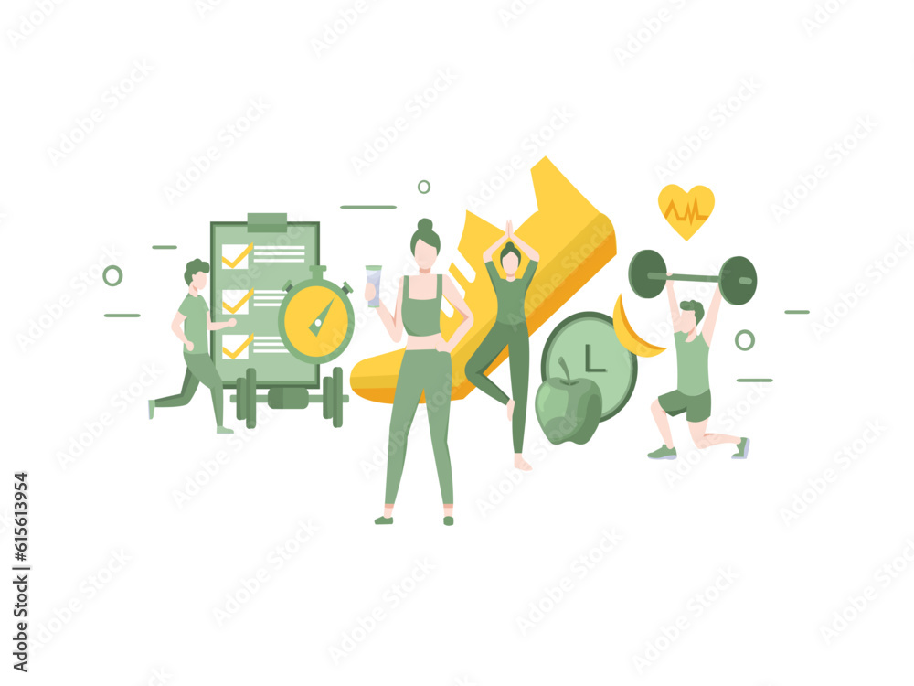 running in the fresh air vector illustration concept, Healthy life, sport exercising, , healthy eating and drinking enough water, relaxation and effective daily routine, flat style design of workout
