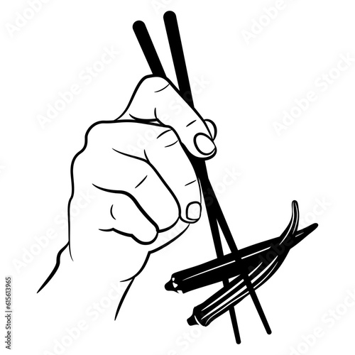 Human hand holding two ripe pods or fruits of okra. Abelmoschus esculentus. Healthy vegetarian diet. Asian cuisine. Black and white silhouette.