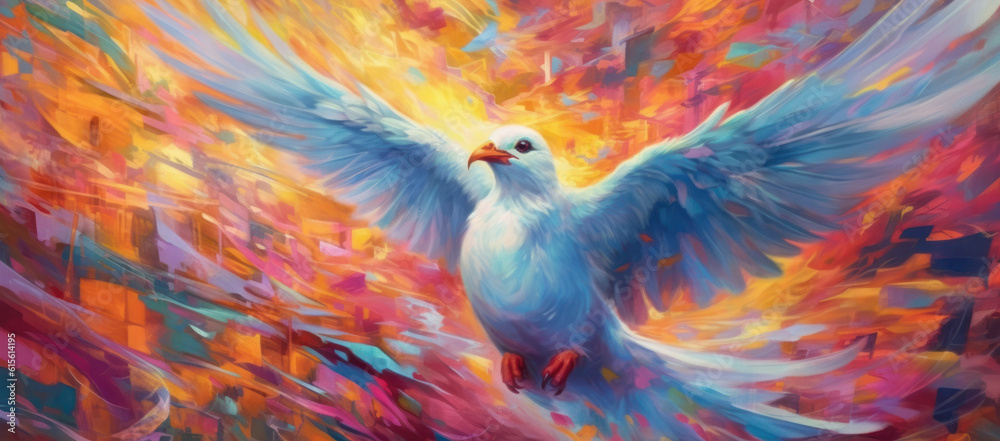 Fototapeta premium Symbolic Representation: Colorful Abstract Painting Depicting Holy Spirit Dove in Christian Art